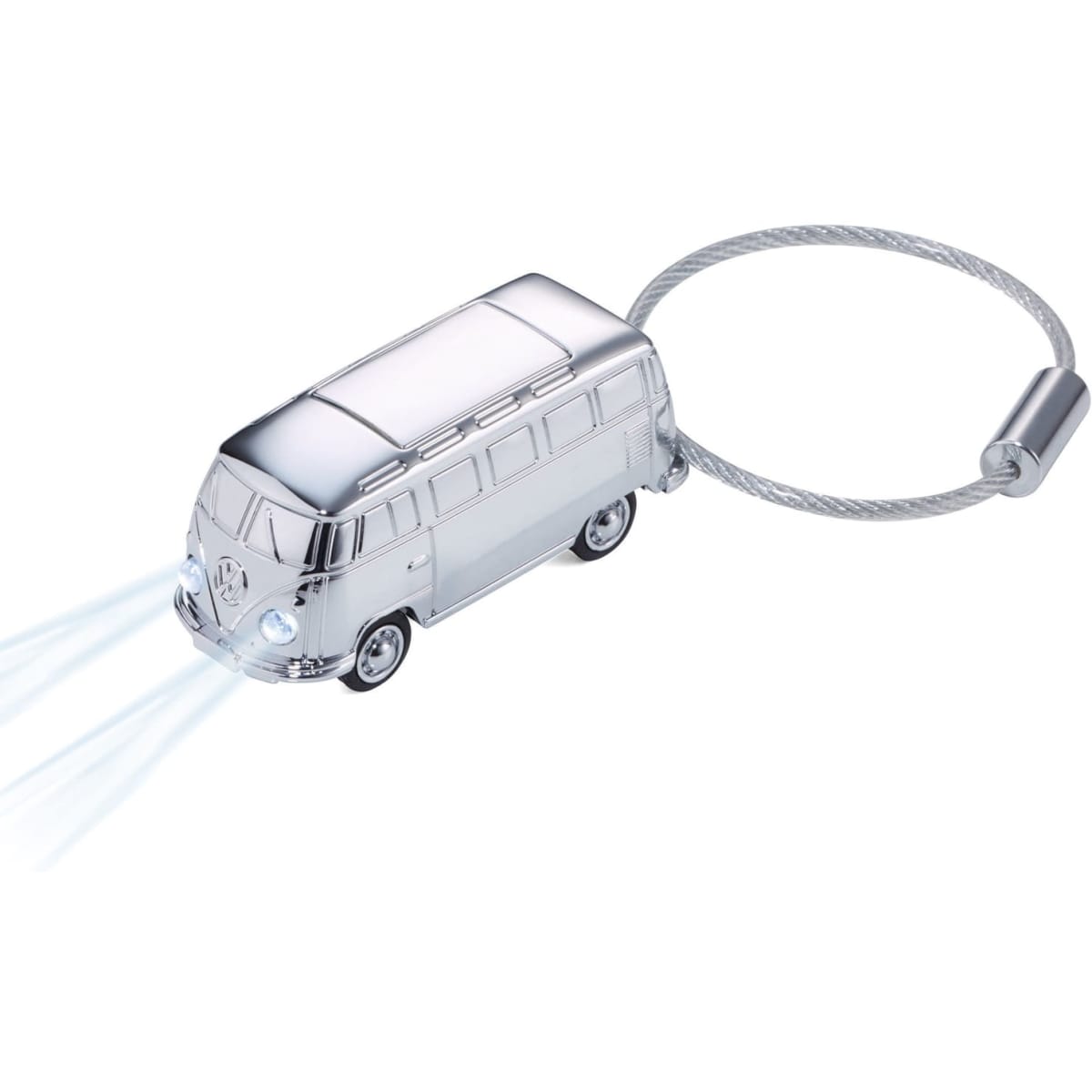 A silver keychain flashlight shaped like a classic Volkswagen T1 van, with headlights that illuminate.