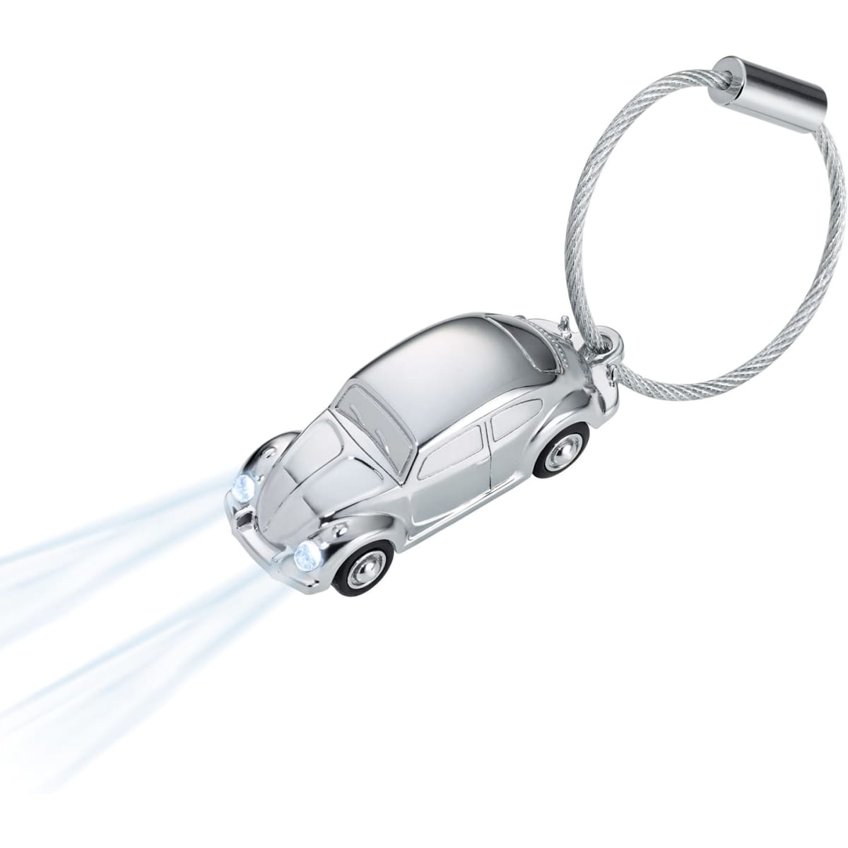 A keychain featuring a silver car design with headlights emitting light. The keychain has a metallic cable attachment.