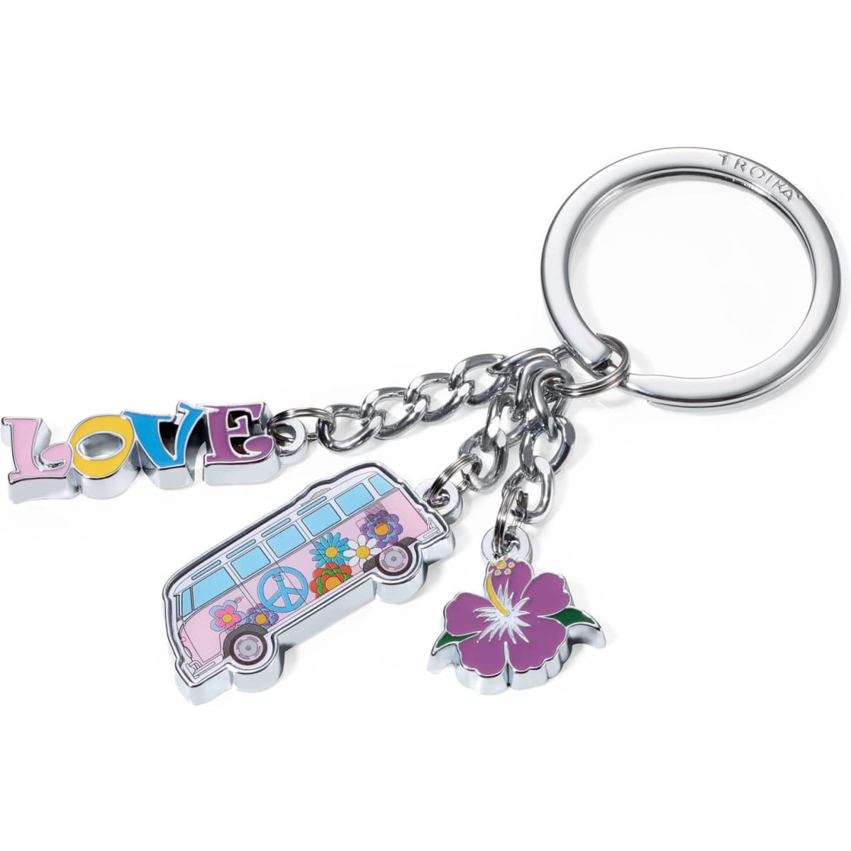 A keyring featuring a colourful love-themed design, a vintage van, and a flower charm. Silver chain and detailing.