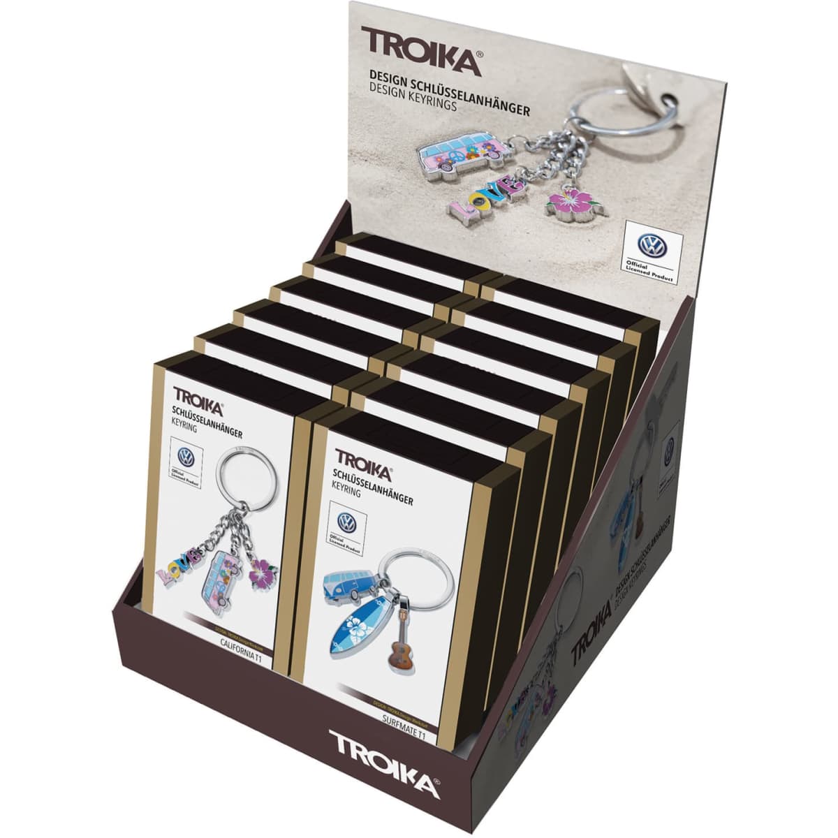 A display stand featuring various keyring designs, including colourful floral and vehicle-shaped keychains.