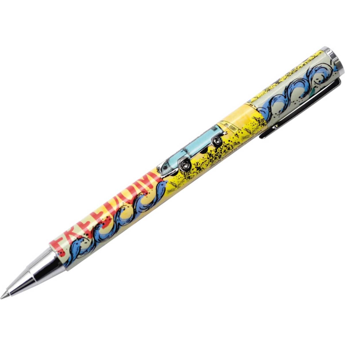 A pen with a vibrant yellow design featuring a vintage campervan and wave patterns, complete with a branding logo.