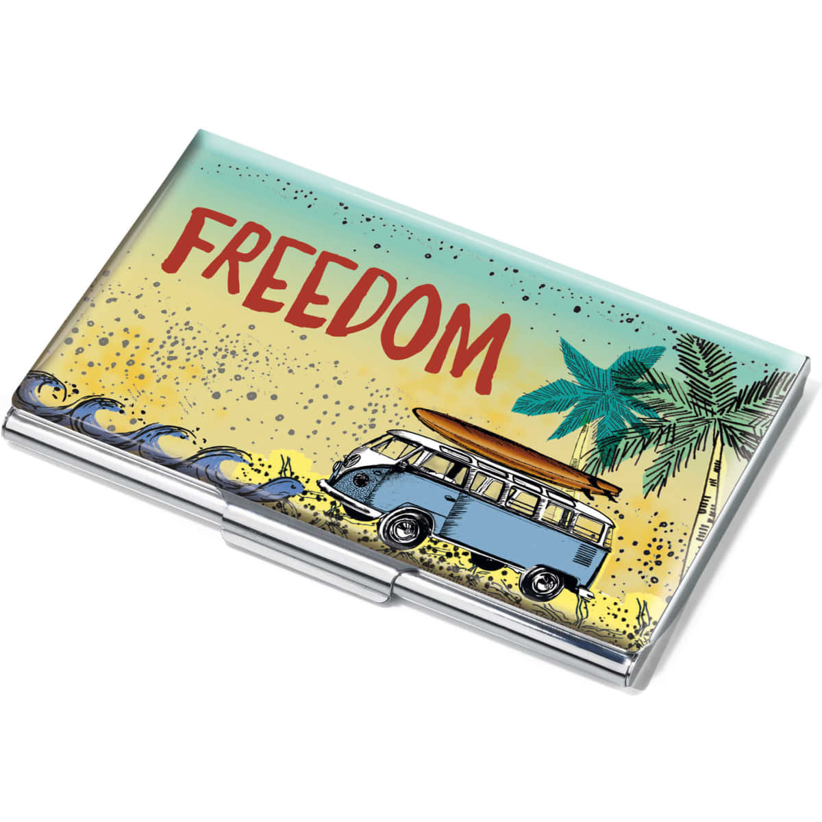 A business card holder featuring a blue van with a surfboard, palm trees, and waves, in vibrant colours.
