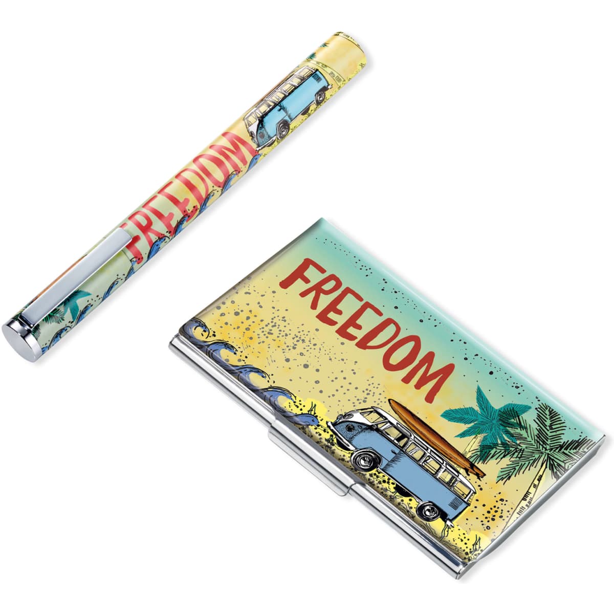 A drink bottle and a rectangular case featuring a vibrant design with a van, palm trees, and waves, both branded.