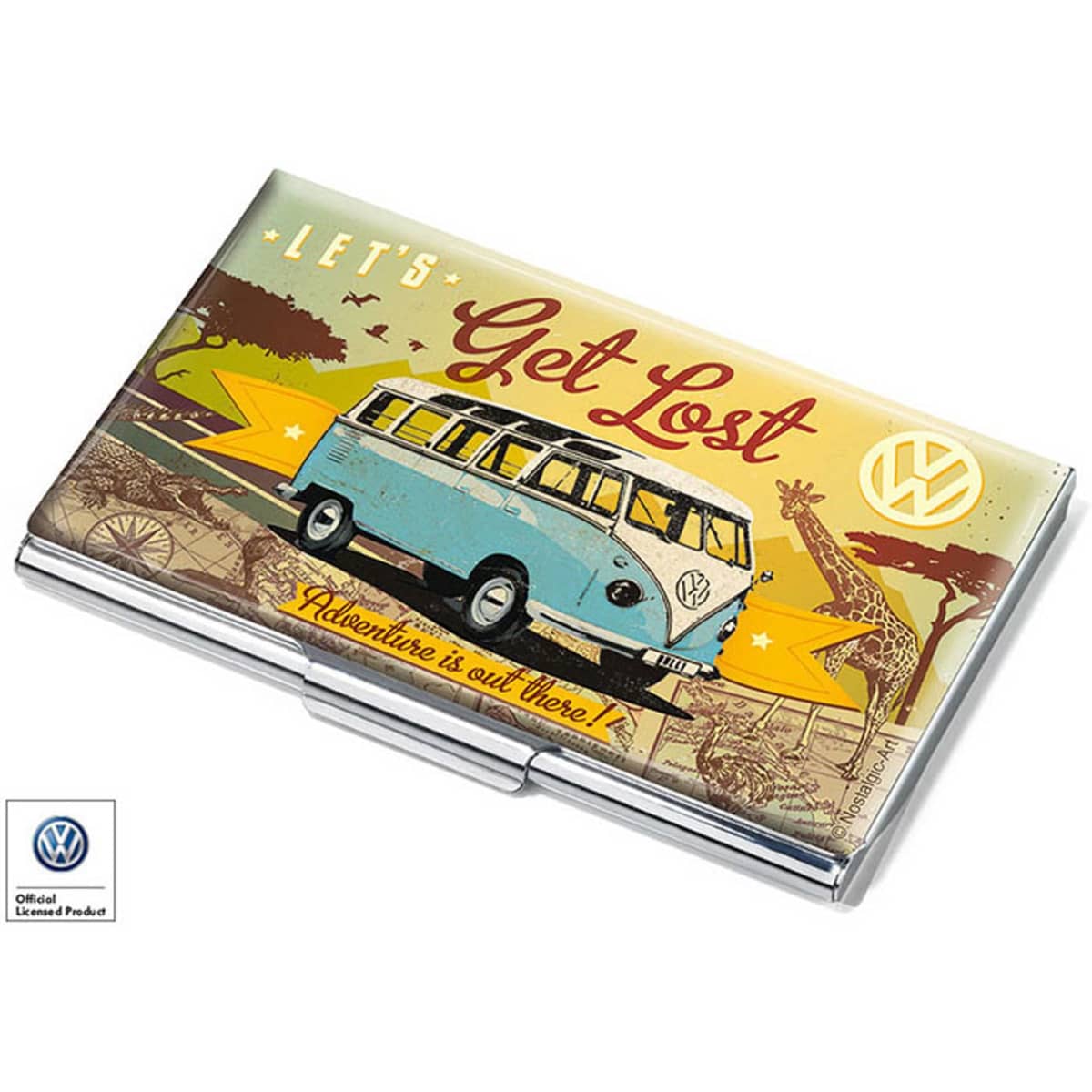 A metal business card holder with a colourful design featuring a blue vintage van and wildlife illustrations.