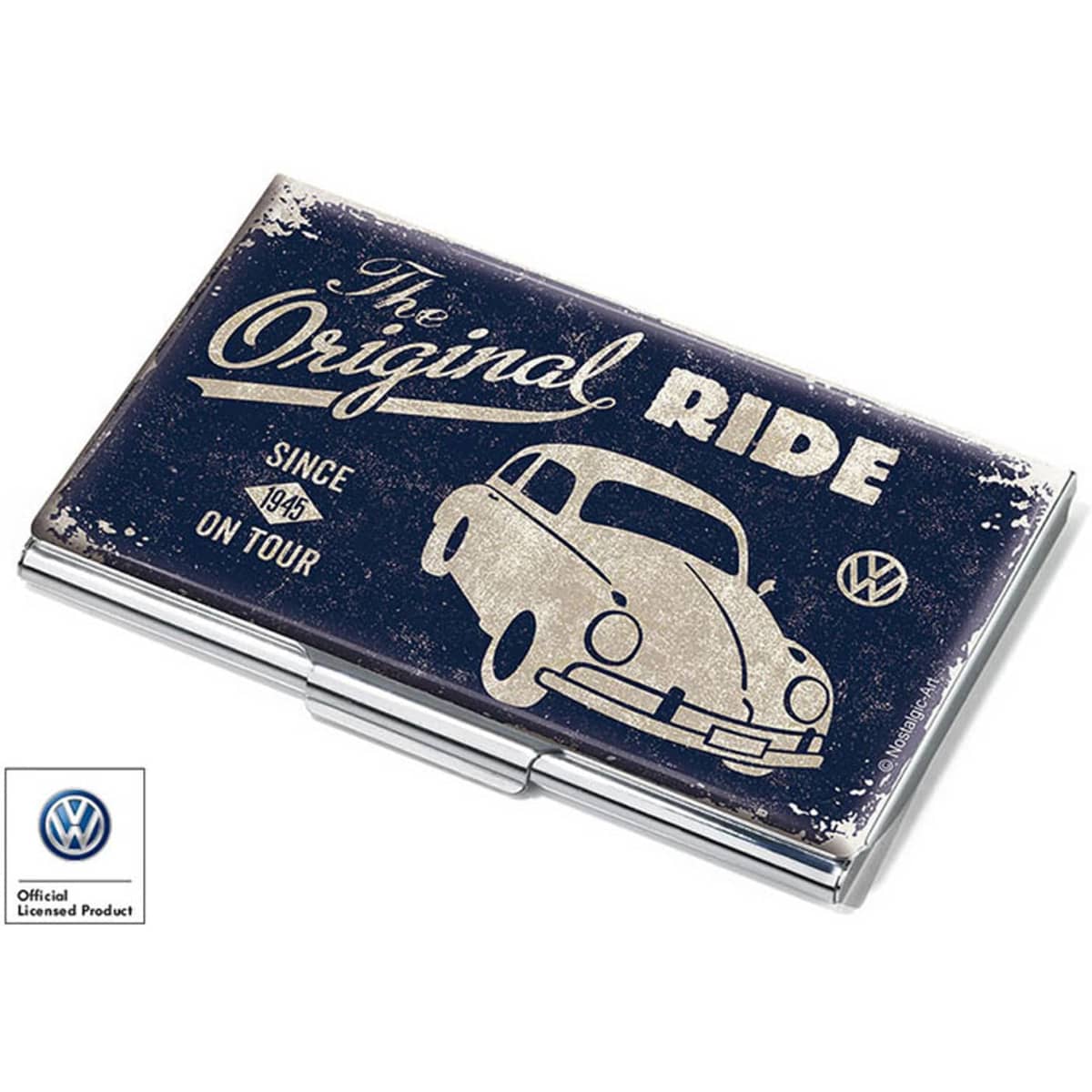 A metallic business card holder featuring a vintage car design, predominantly blue and silver, with a logo.