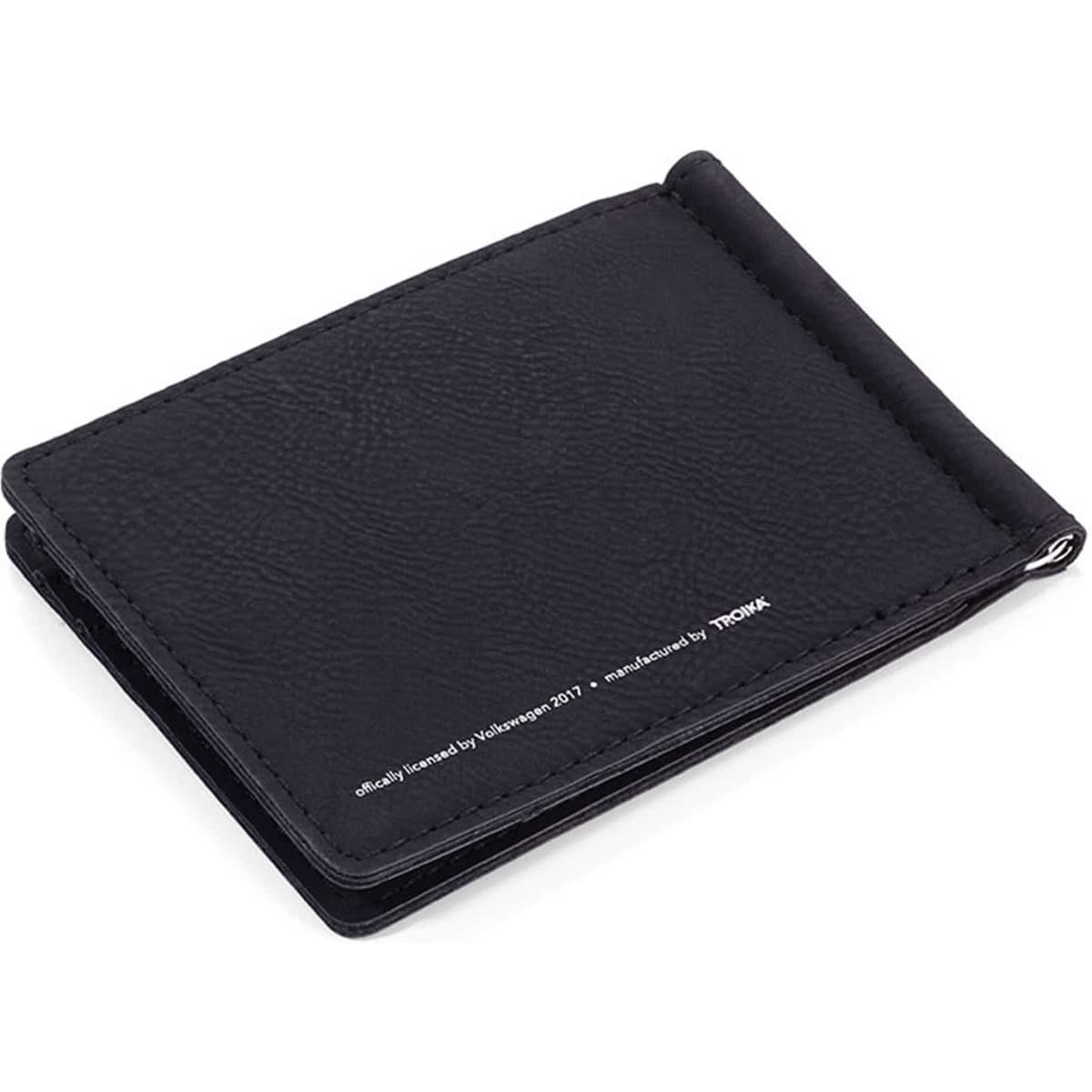 A black leather wallet with a slim design, featuring a textured exterior and a logo on one side.