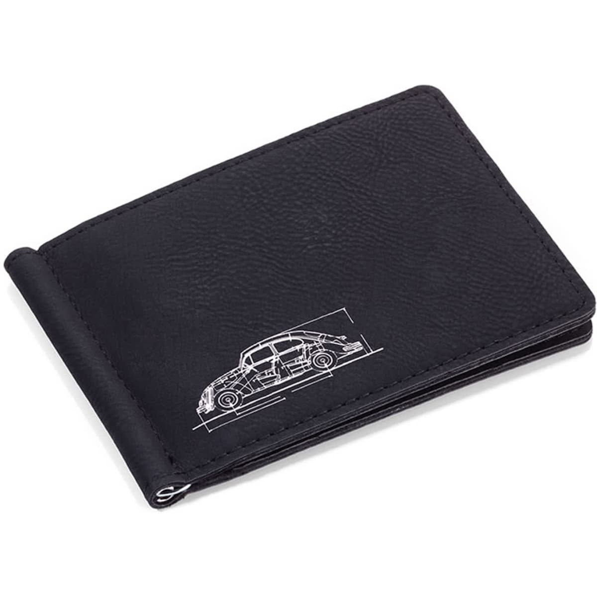 A black wallet featuring a design illustration of a car, with a simple, textured finish. It has a logo on the side.