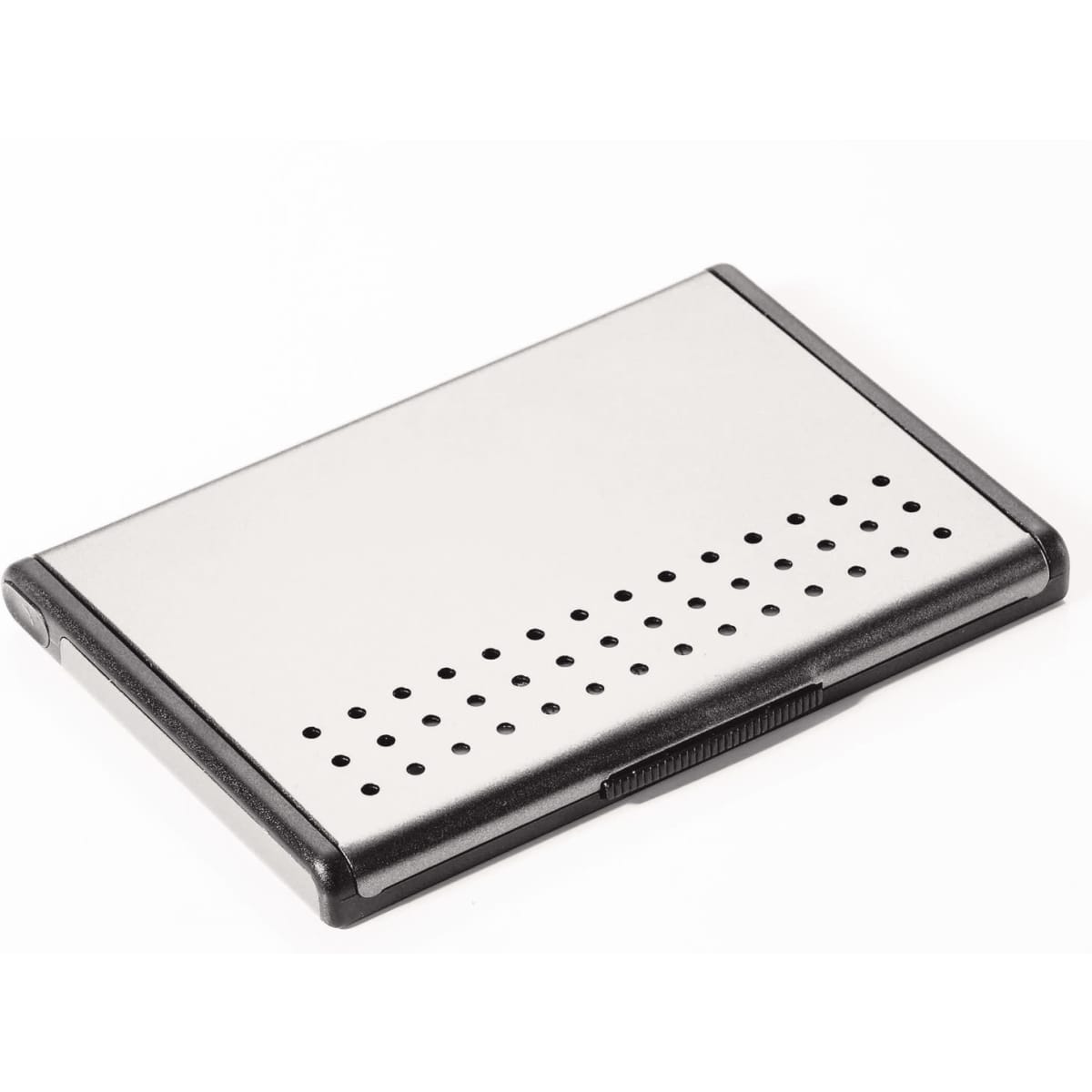 A sleek business card holder in silver and black, featuring a perforated design and a logo.