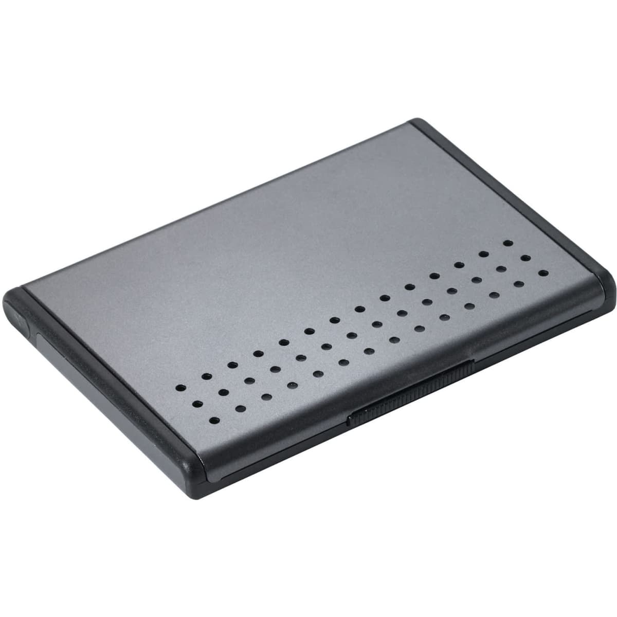 A grey, rectangular business card holder with a textured surface and a perforated design on one side.