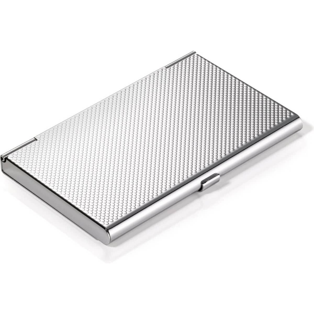 A silver business card holder with a textured surface, featuring a logo on one side.