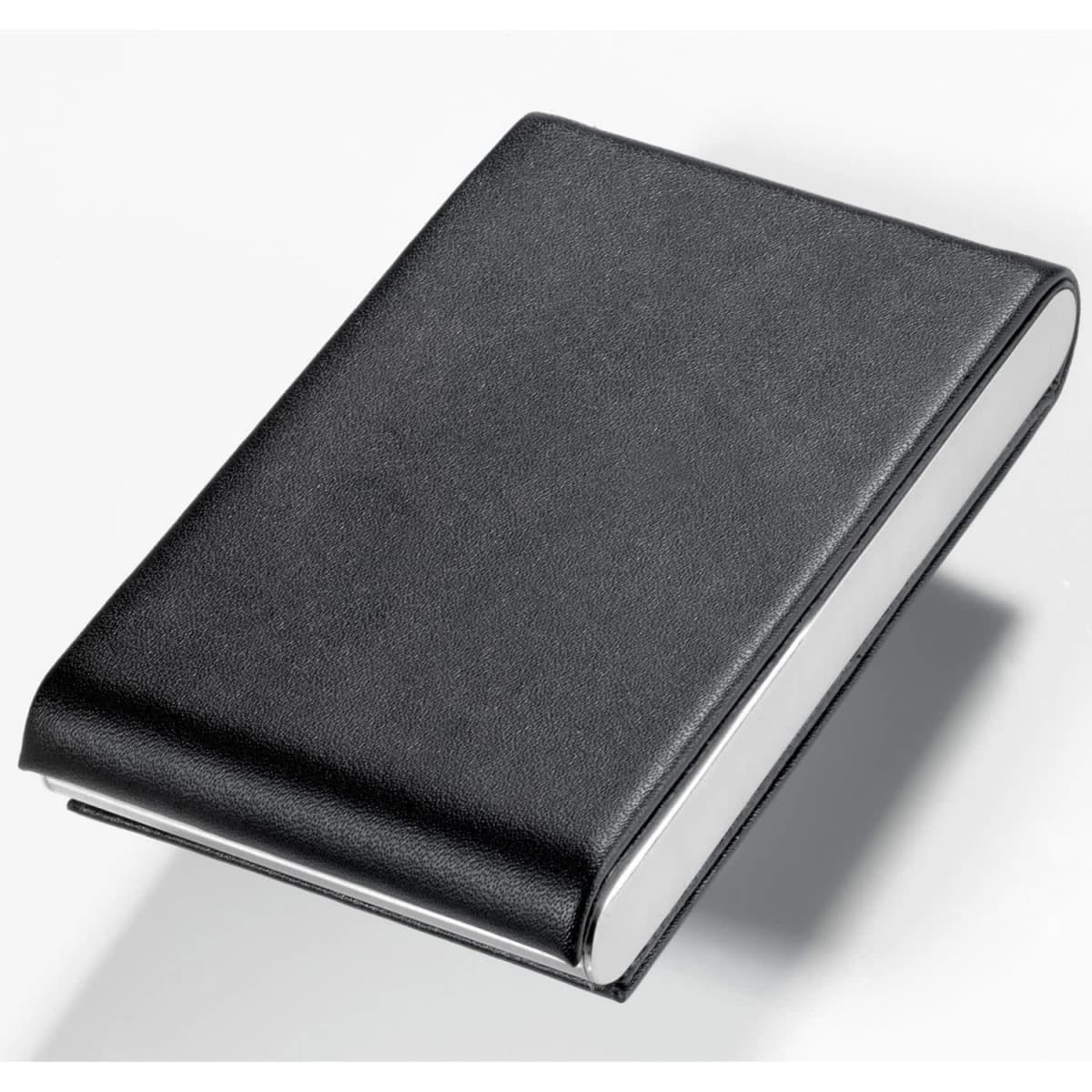 A black business card holder with a textured surface and a sleek, compact design. It features a logo on the front.