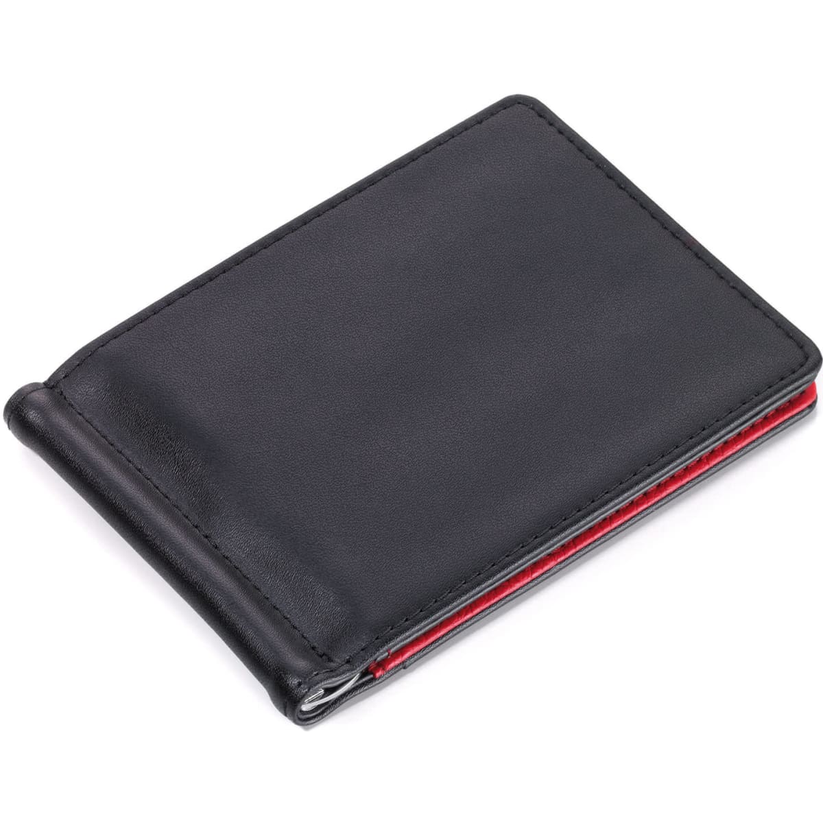 A black wallet with a red interior, featuring a sleek design and a logo on the surface.