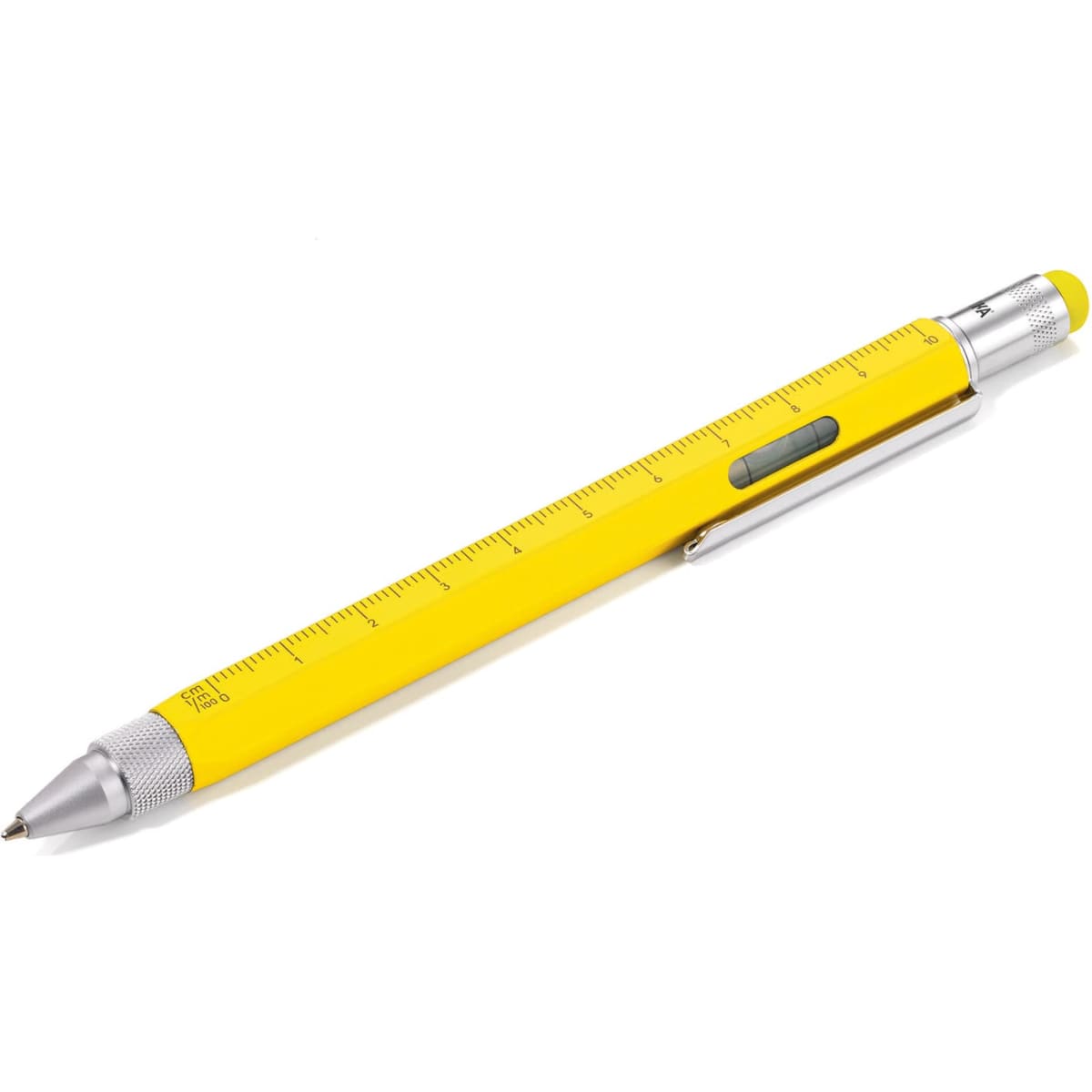A yellow pen with a silver clip and a ruler along its length. It also features a small yellow top.