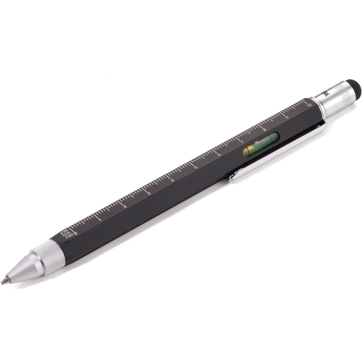 A black and silver multi-tool pen featuring a ruler, level, and stylus tip. It has a clip for easy attachment.