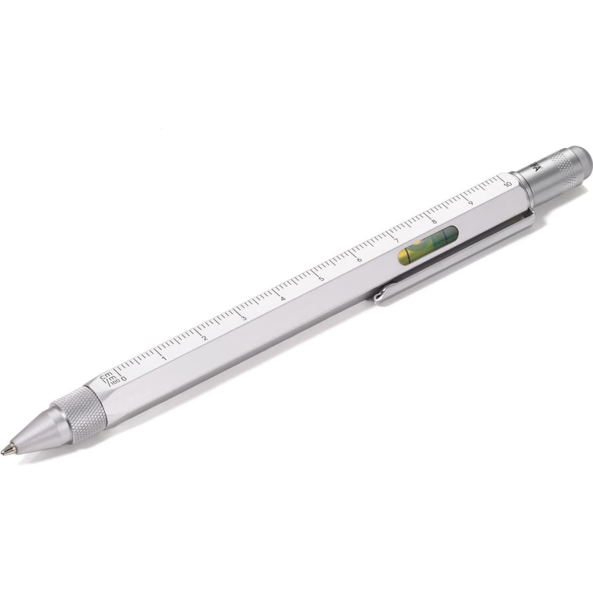 A silver multipurpose pen with a ruler and level, featuring a sleek design and a clip for attachment.