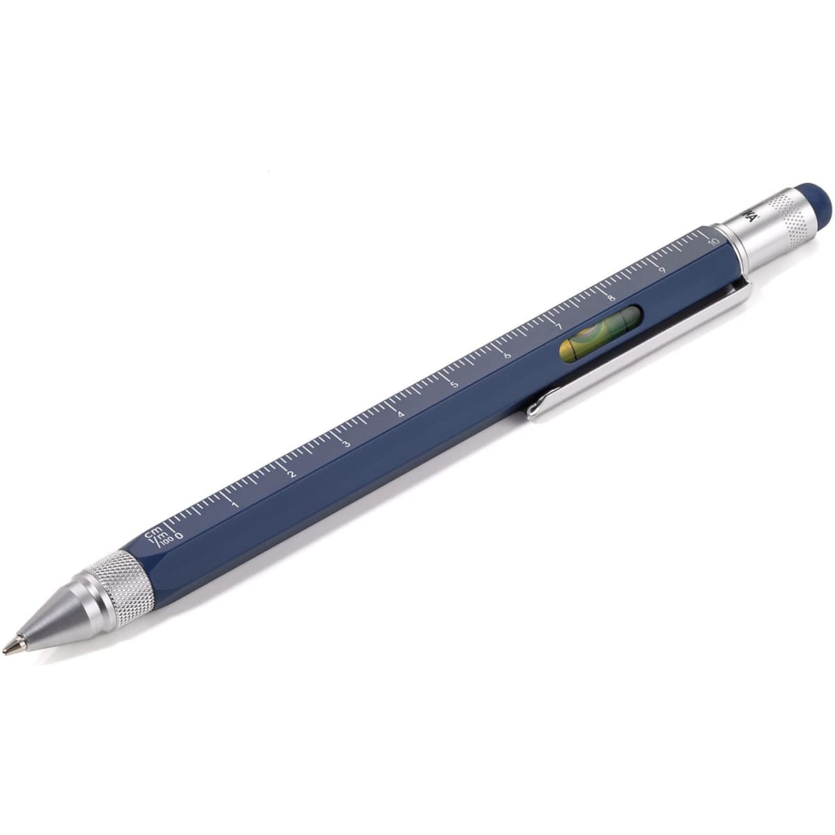 A navy blue multi-tool pen featuring a ruler, spirit level, and a silver clip. It has a sleek design with a shiny finish.