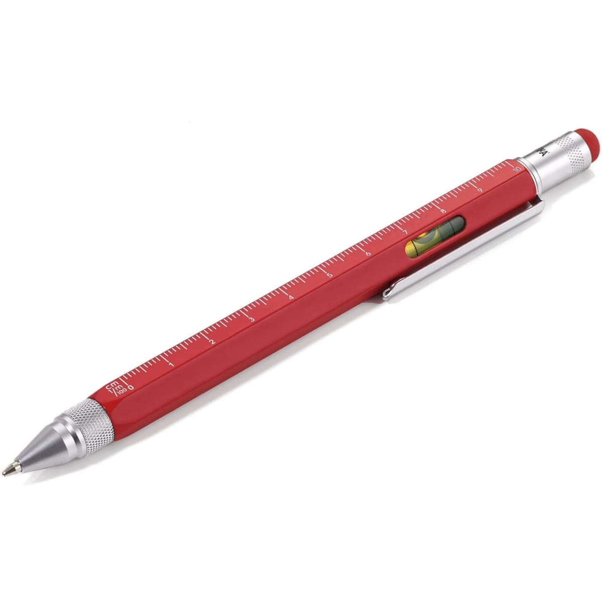 A red multi-tool pen featuring a ruler, level, and ballpoint tip, with silver accents and a clip.
