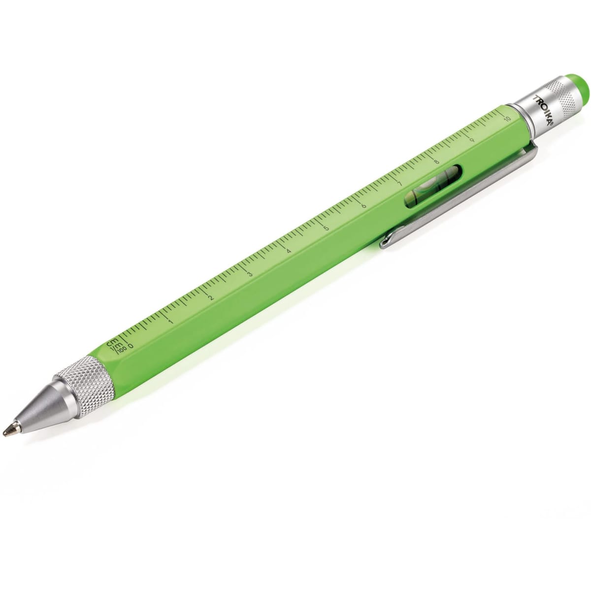 A green multi-function pen with a ruler and a green ink refill, featuring a silver clip and tip.