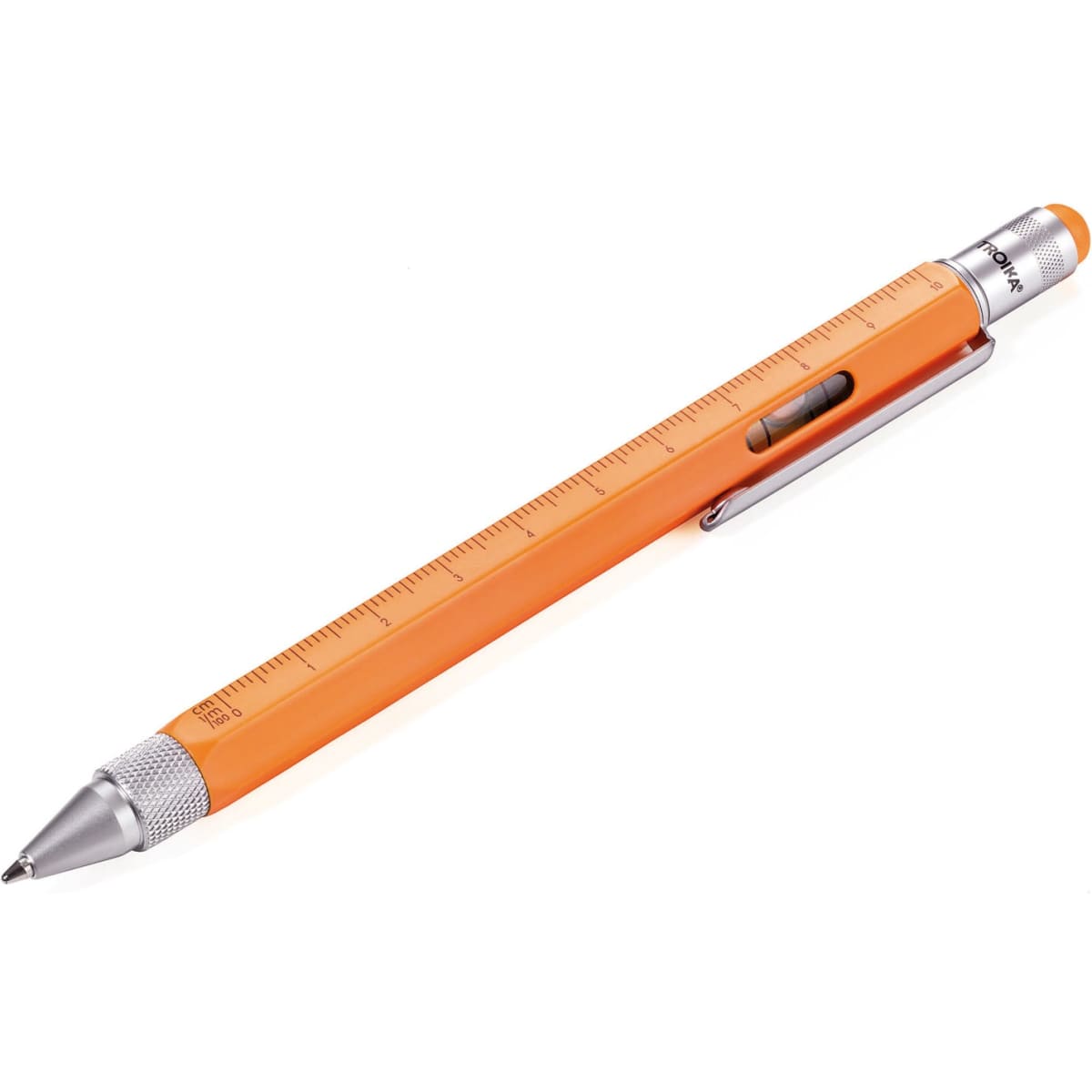 A pen with an orange barrel and a silver clip, featuring a ruler along its side.