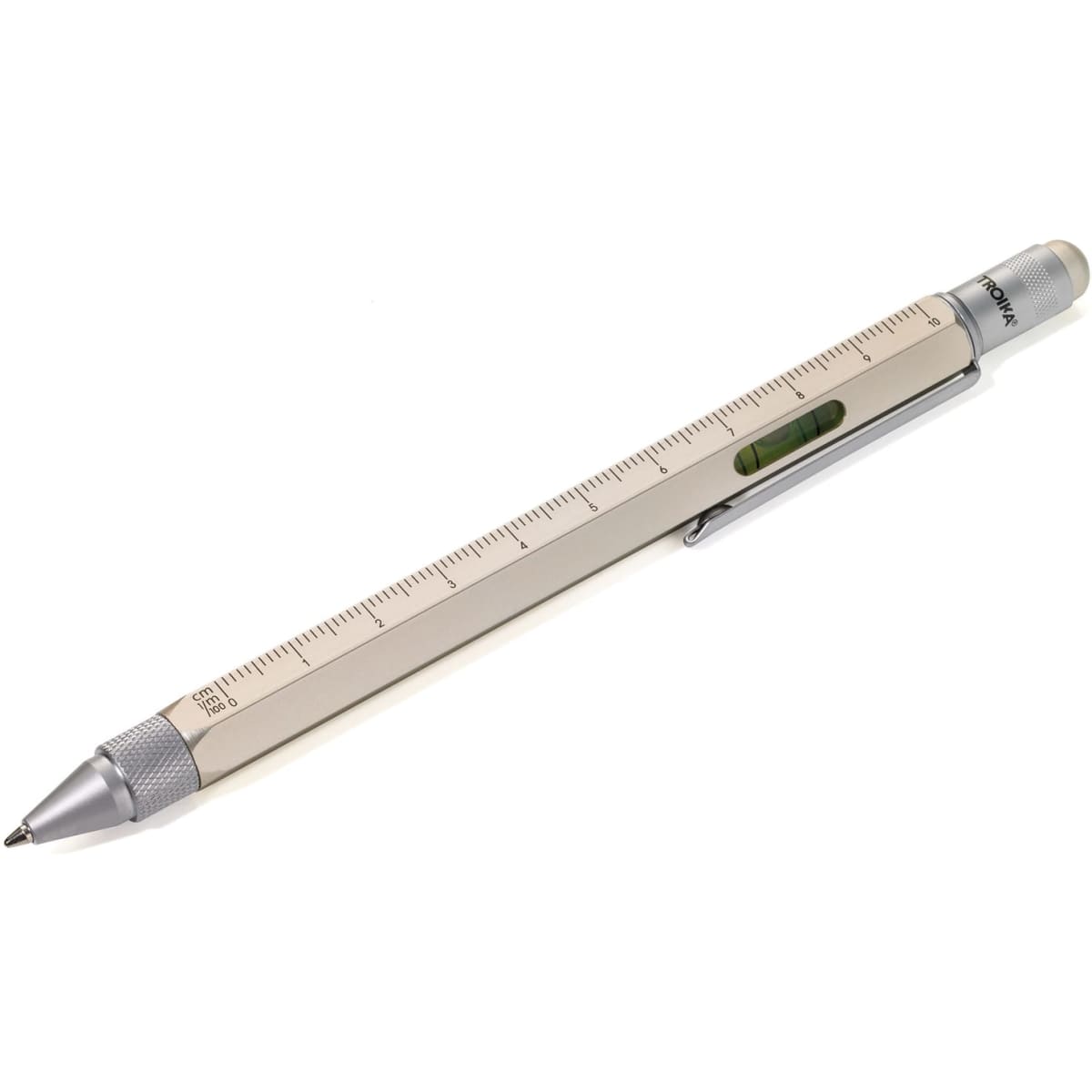 A silver multi-function pen featuring a ruler, level, and a clip for easy carrying.
