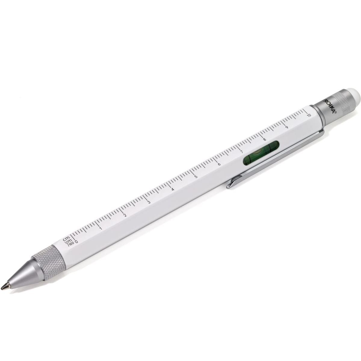 A drink bottle in silver with a ruler and a green slider, featuring a clip and a logo.