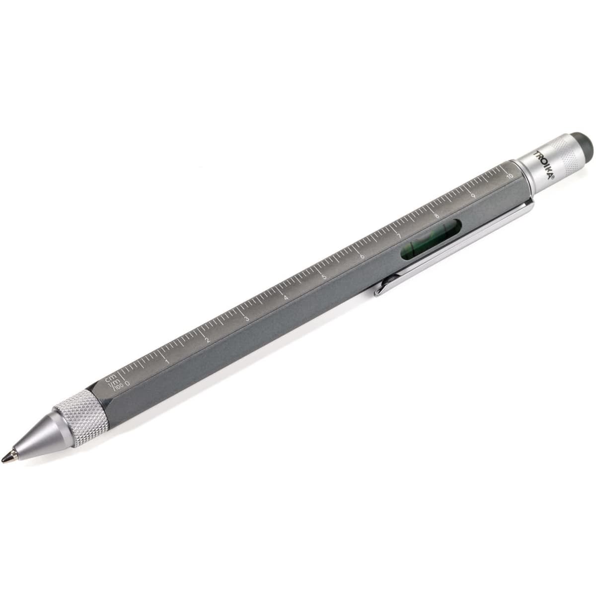 A grey pen with a ruler and a green level, featuring a clip and a textured grip. It has a logo.