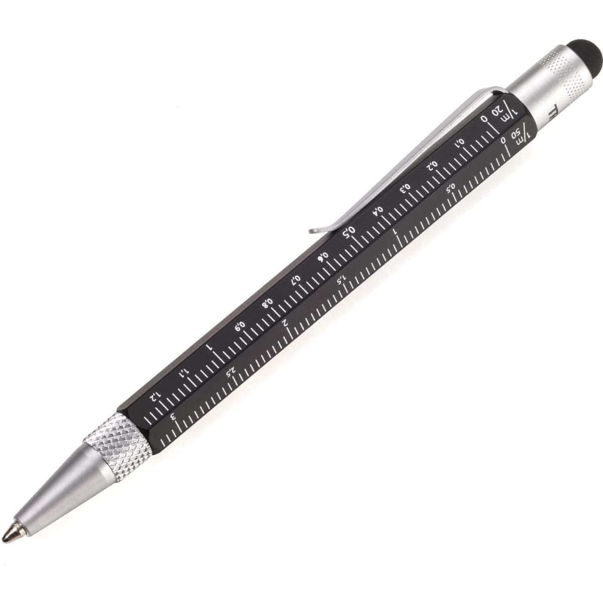 A pen with a black barrel and silver accents, featuring a ruler printed along its side and a stylus tip.