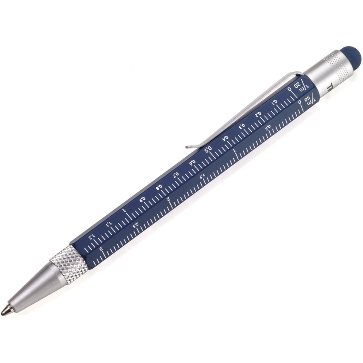 A blue and silver multifunctional pen with a ruler, featuring a stylus tip and a clip for attachment.