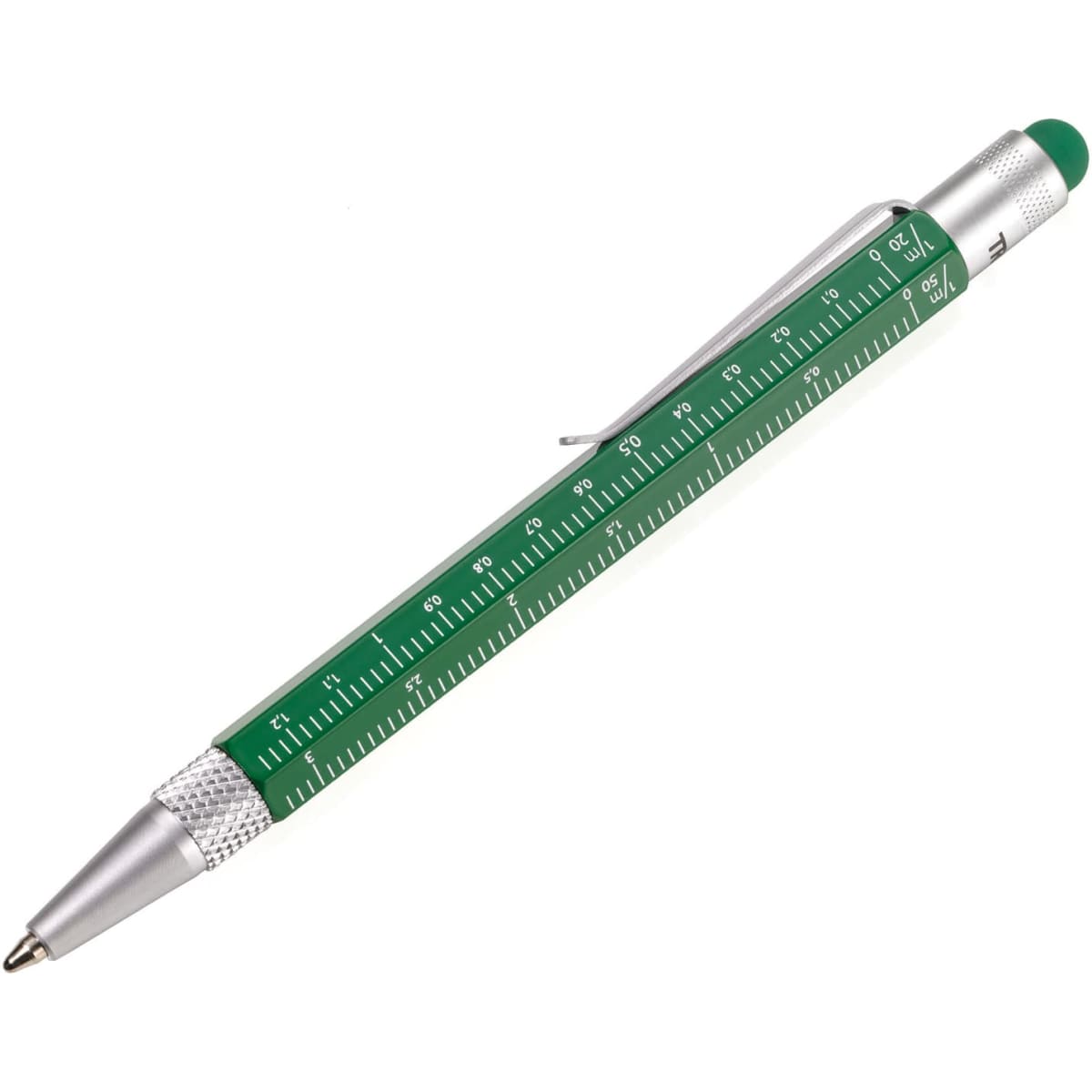 A green and silver multifunction pen featuring measurement scales along its body. It has a clip and a green end cap.