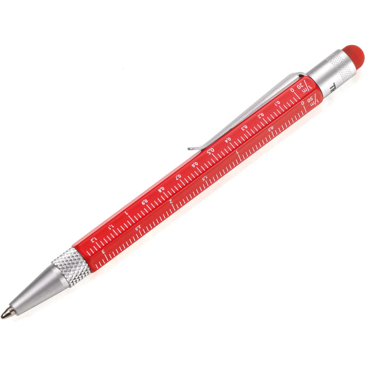 A red and silver pen featuring measurement markings along its body and a built-in eraser on the end.