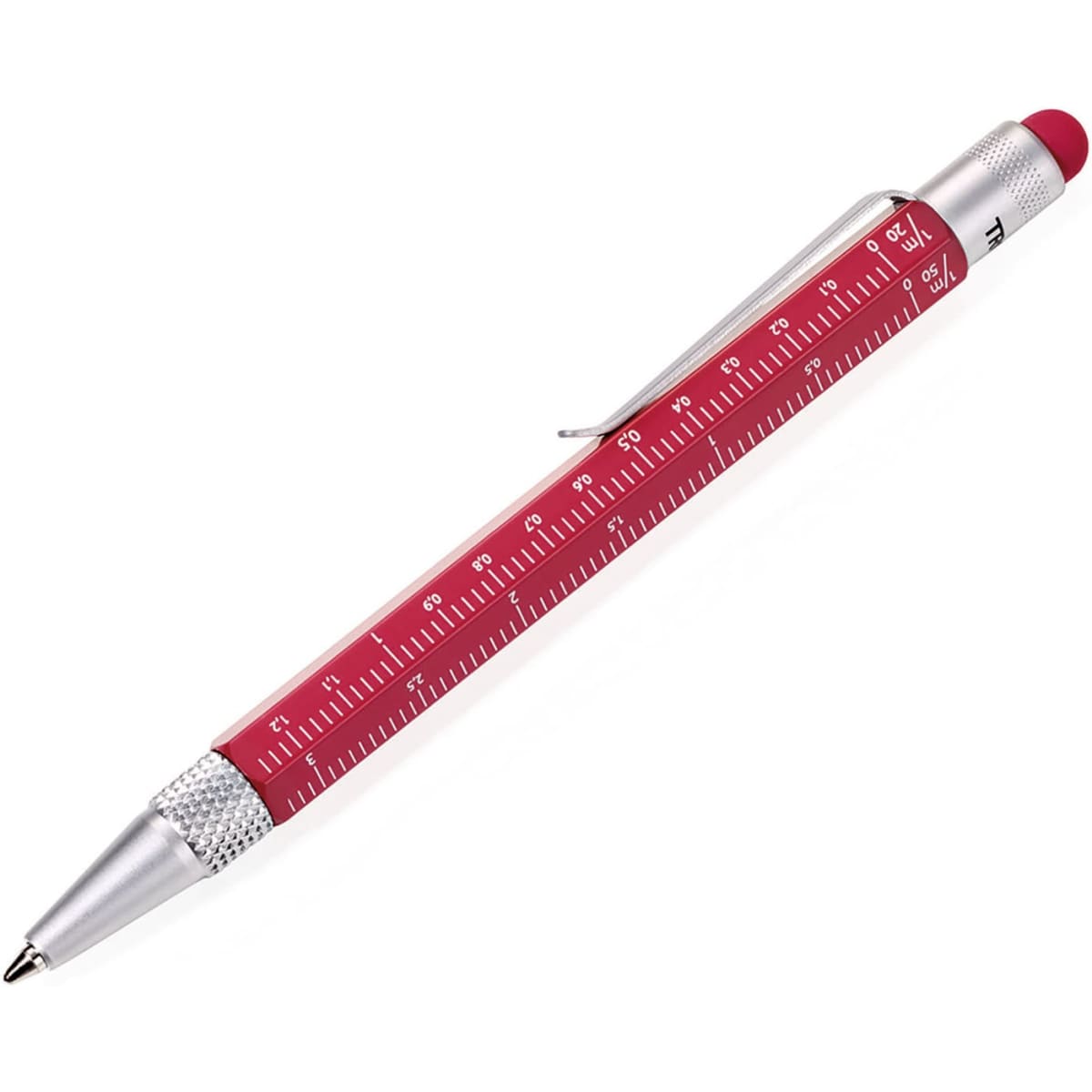 A pen with a pink barrel, silver accents, and a built-in ruler along its side. It has a clip and a rubber grip.