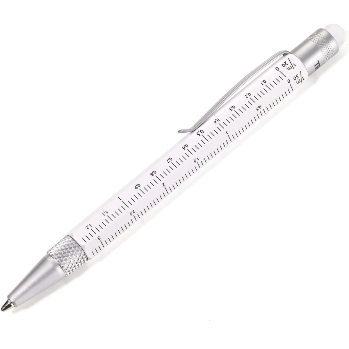 A silver ballpoint pen with a transparent barrel featuring measuring scales and a clip. It has a sleek, modern design.