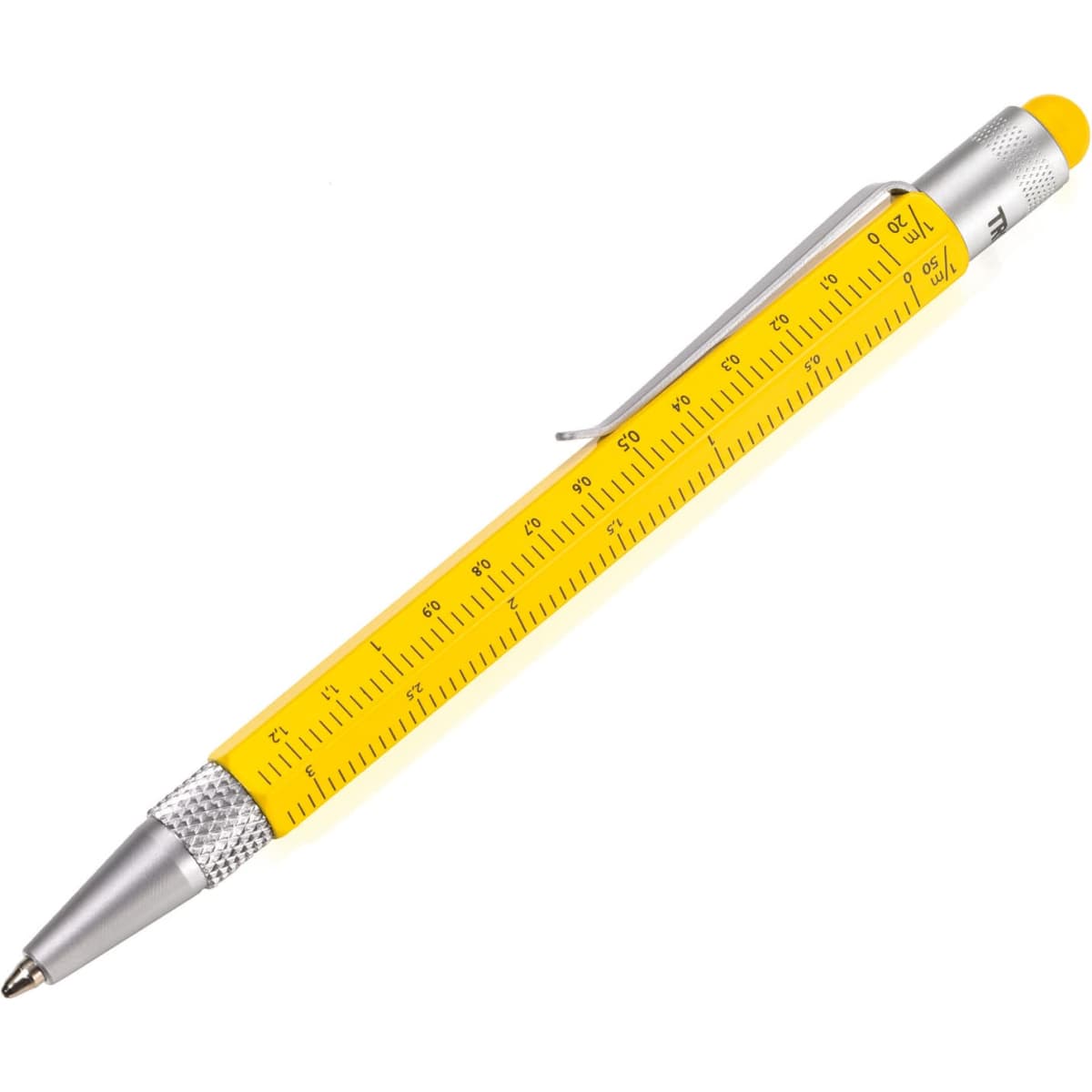 A yellow pen with a ruler printed on its barrel, featuring a silver clip and a yellow cap.