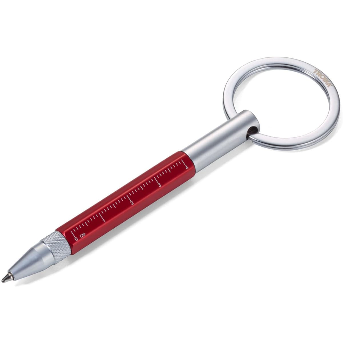 A red and silver pen keyring with a measuring scale along its barrel. Features a circular keyring attachment.