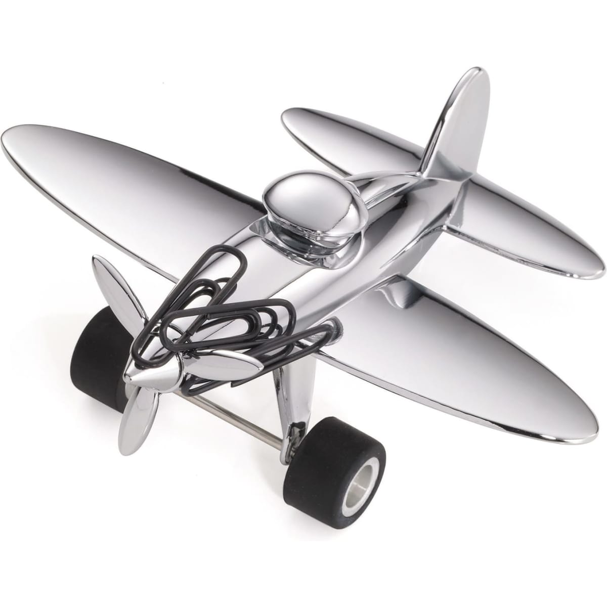 A chrome airplane model with black wheels, featuring a sleek design, and includes a logo on its body.
