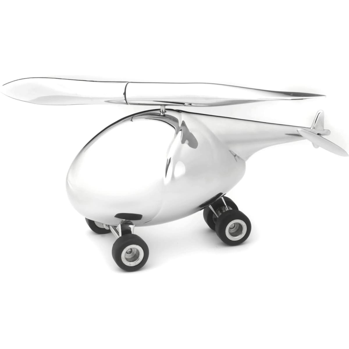 A shiny silver helicopter-shaped letter opener with small black wheels and a propeller.