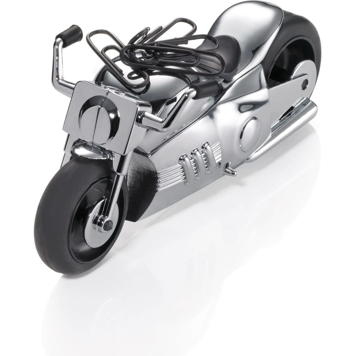 A metallic chrome motorbike model with black detailing, featuring wire handles, suitable for office decor.