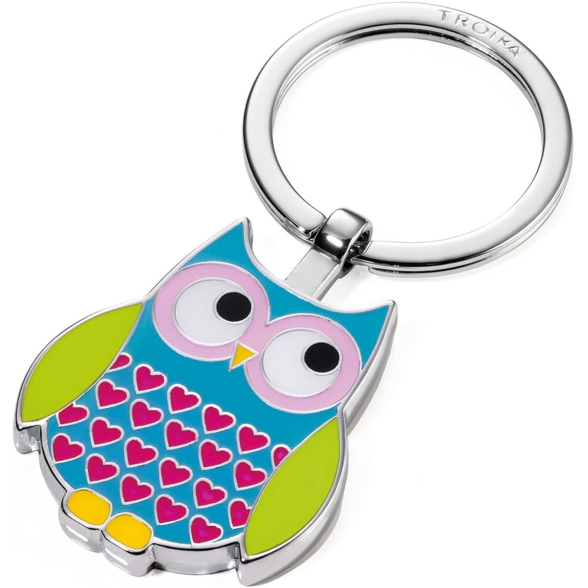 A keyring featuring a colourful owl design with pink hearts, surrounded by a silver ring.