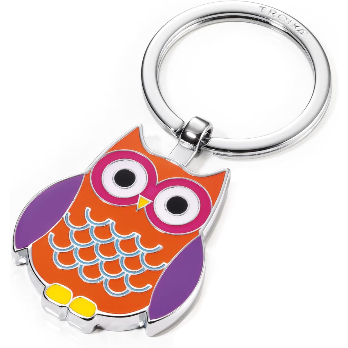 A keyring featuring a colourful owl design in orange, purple, and yellow, with a shiny silver ring.