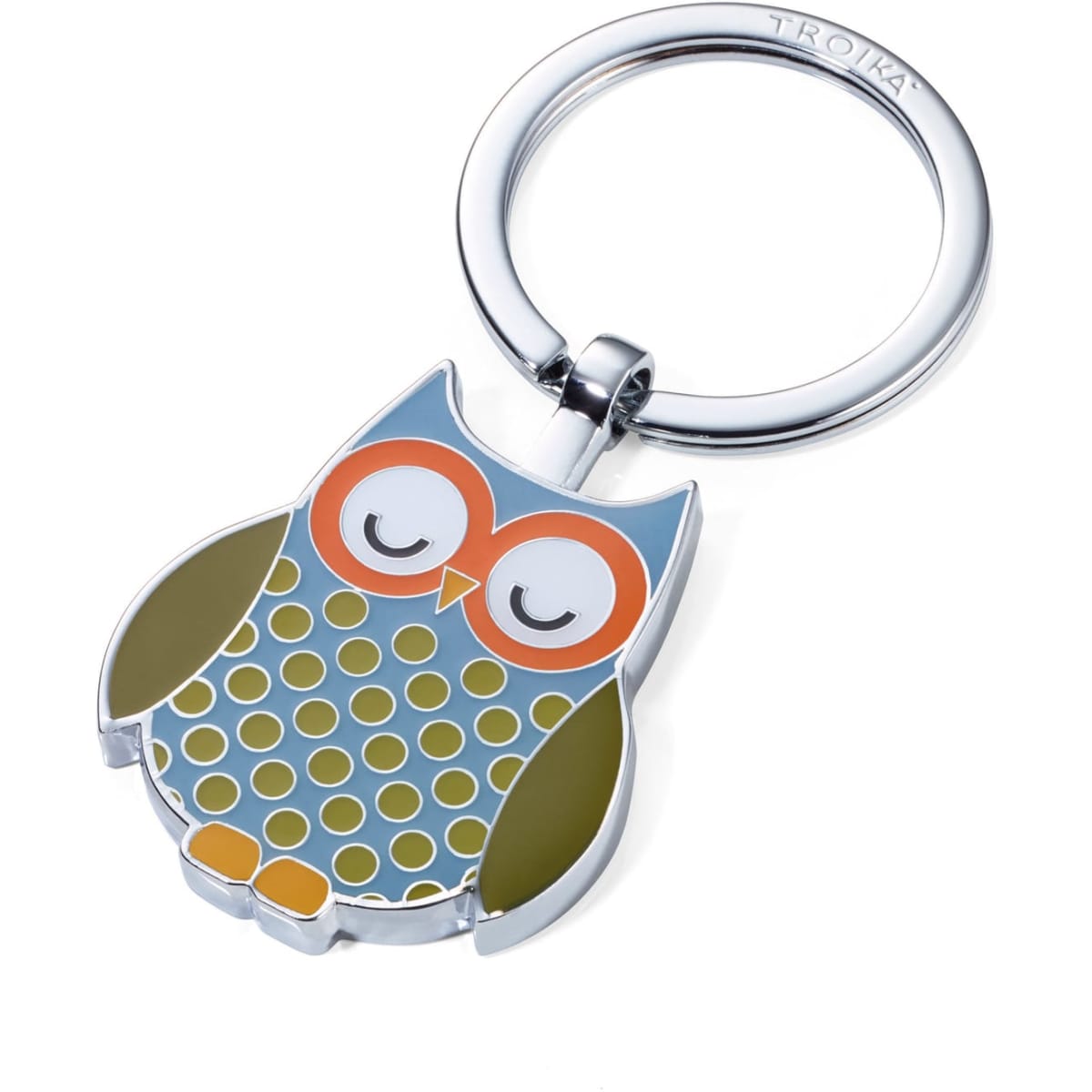 A keyring featuring a colourful owl design in green, orange, and blue, with a shiny metal ring.