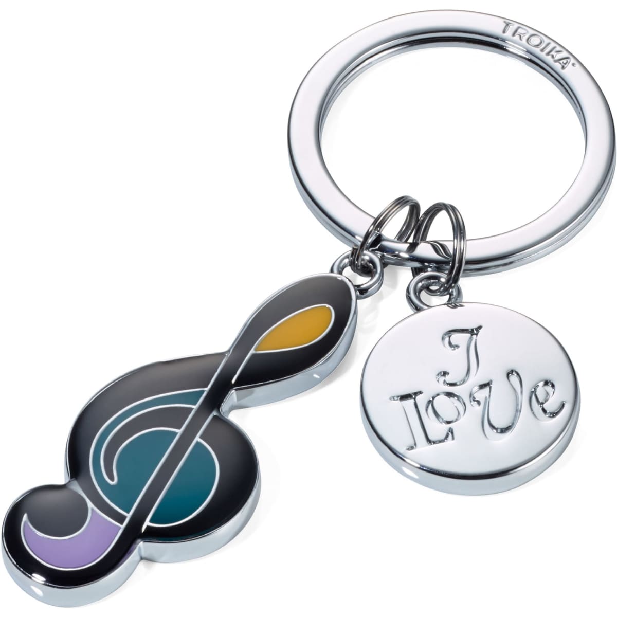 A keyring featuring a colourful musical note and a silver circular charm with the phrase "I Love".