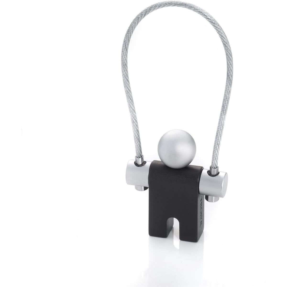 A black and silver promotional product resembling a small figurine with a cable loop.