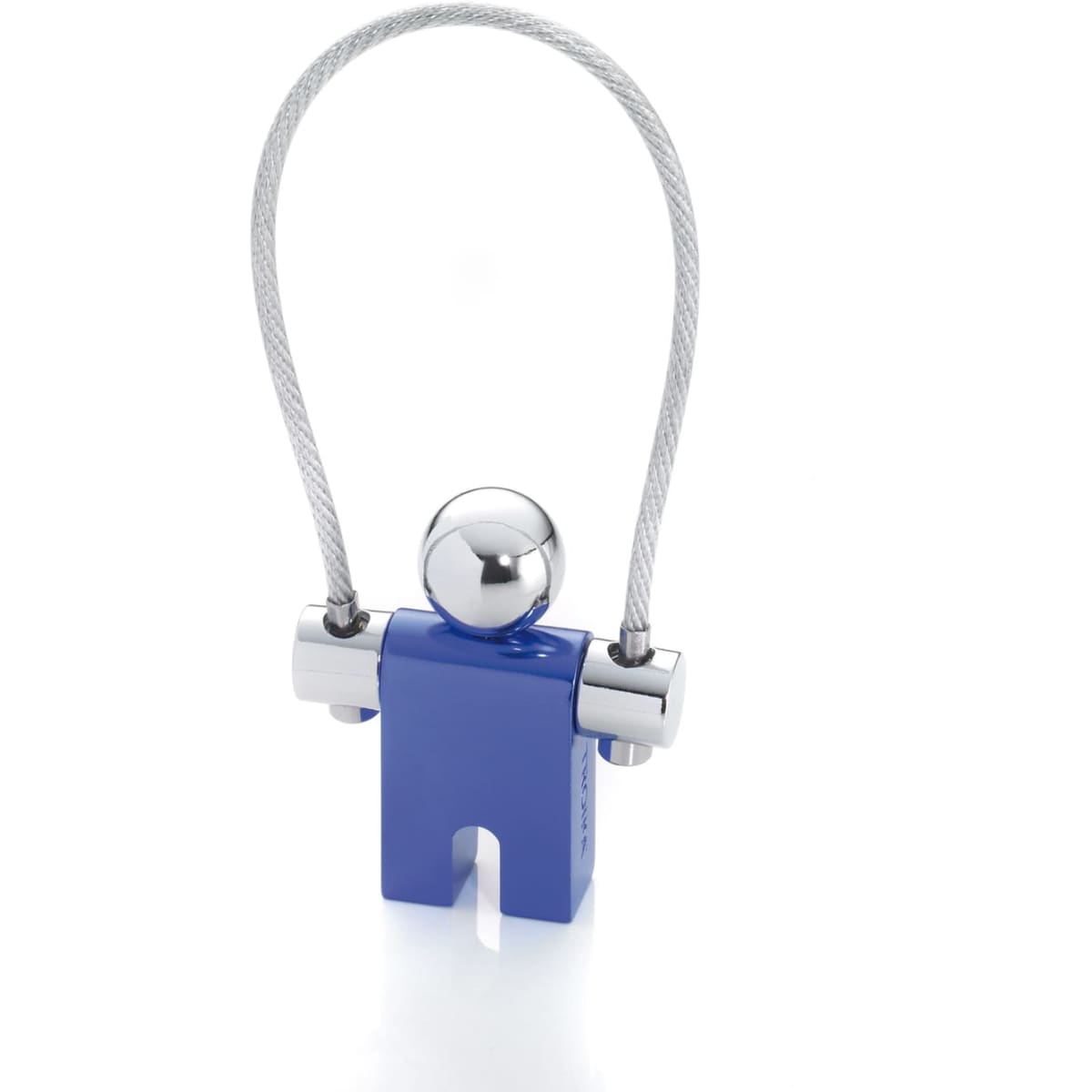 A blue and silver promotional product named "JUMPER" with a cable loop and a figure design.