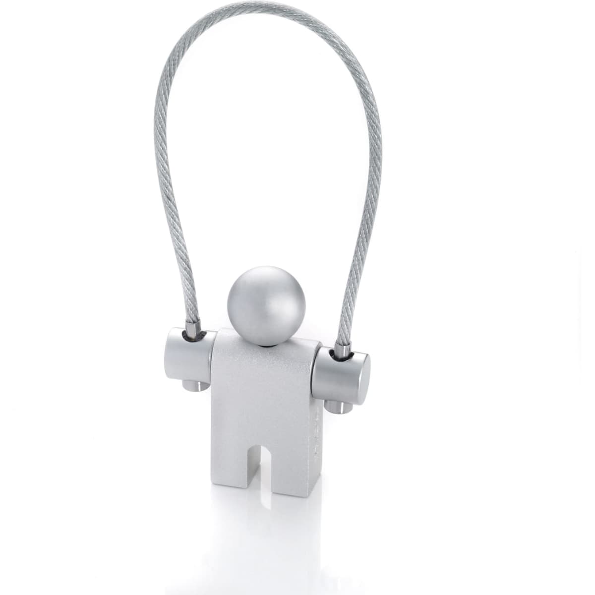 A silver promotional product resembling a figure, featuring a round head and cable arms. It has a logo on it.