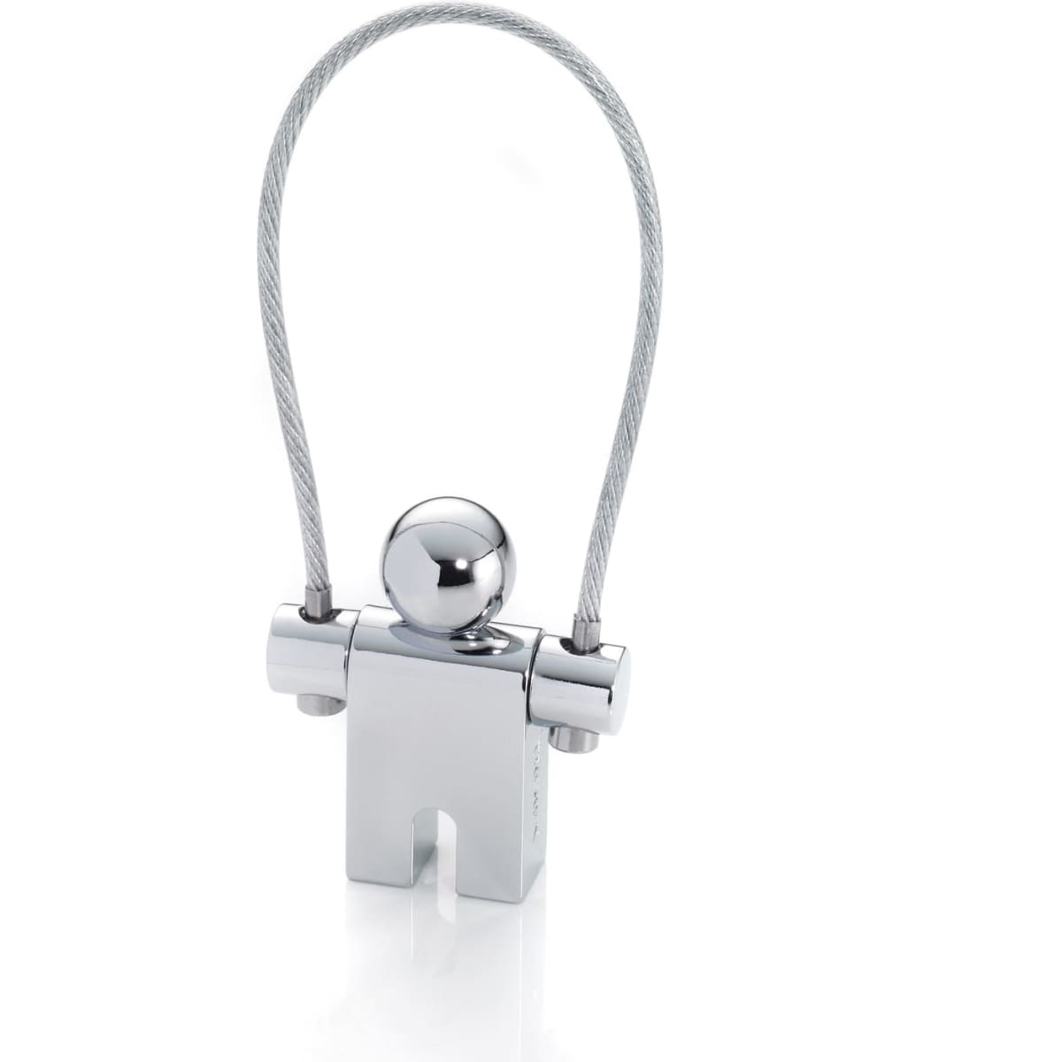 A shiny chrome product featuring a figure design with a wire loop on top. It has a sleek, modern appearance.