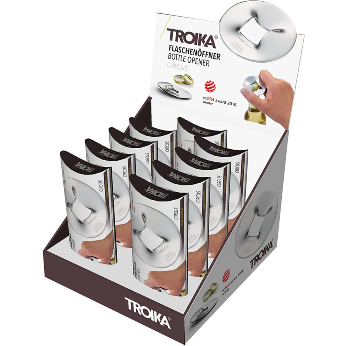 A display of silver bottle openers in packaging, featuring a circular design with a logo.