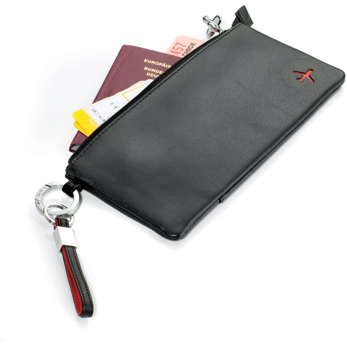 A black leather wallet with a red accent, holding passports and cards, featuring a keyring attachment.