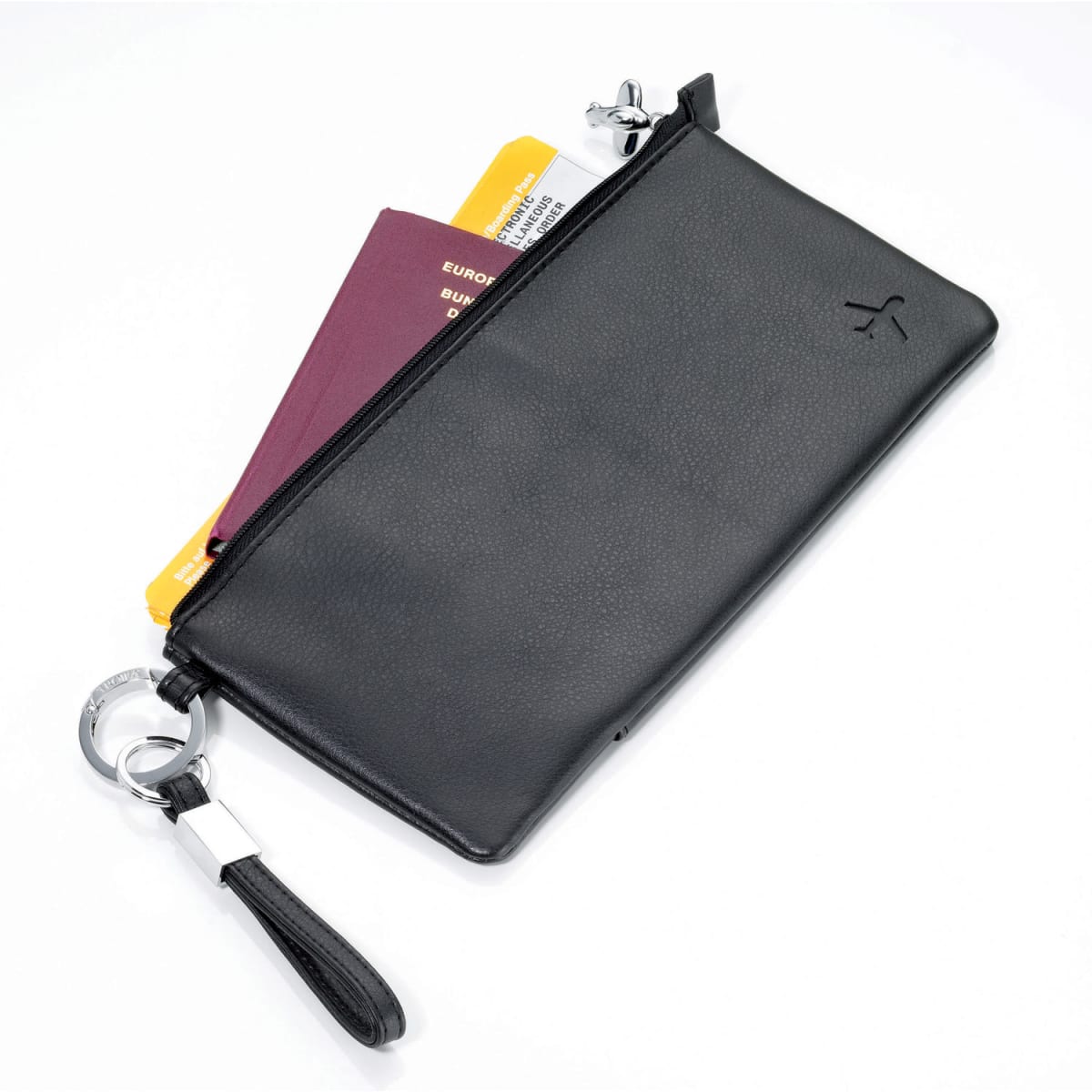 A black wallet with a zipper, featuring a wrist strap, holding two passports and a card. It has a logo on the surface.