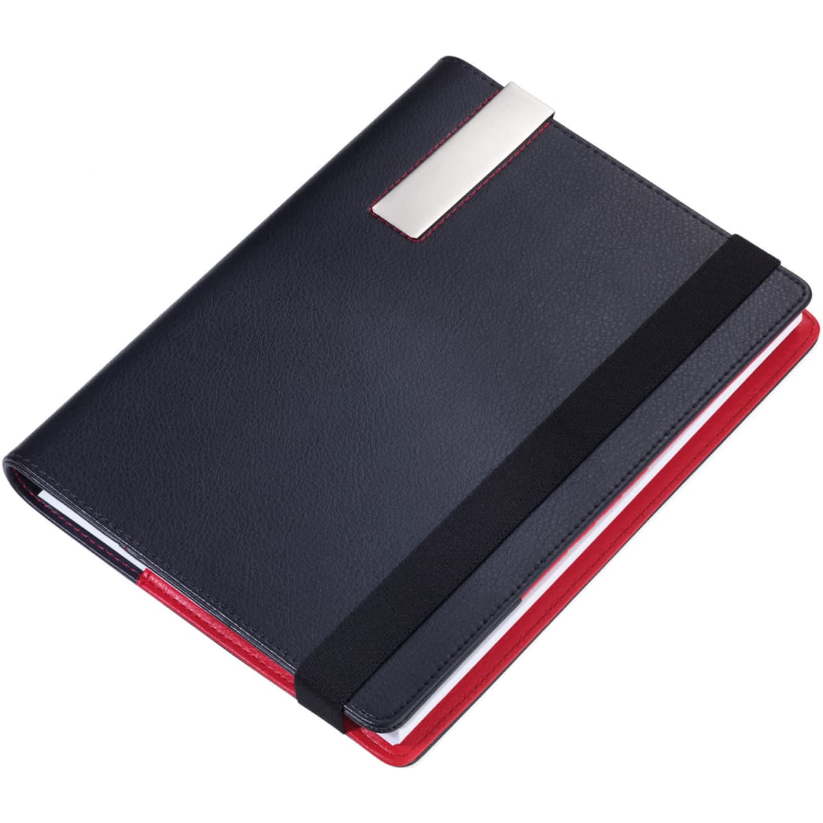 A black notebook with a red interior and an elastic band, featuring a silver clip on the cover.