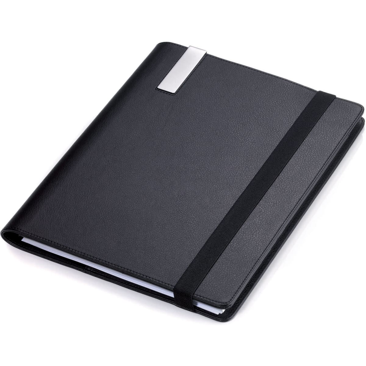 A black notebook featuring a silver clip, an elastic band closure, and a textured cover.